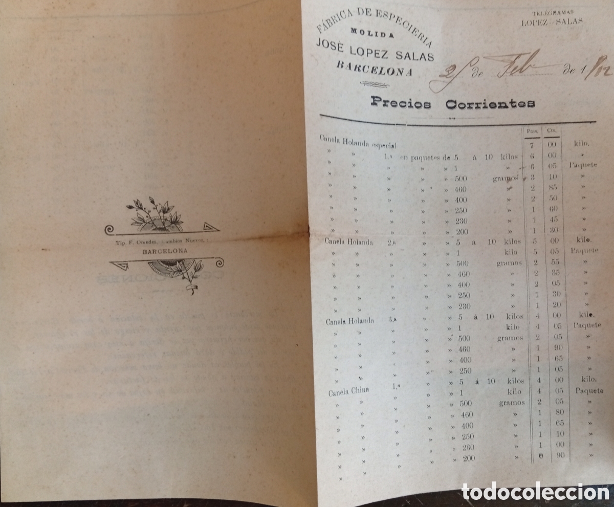 Otros Art&iacute;culos de Coleccionismo en Papel: Jos&eacute; L&oacute;pez salas fabrica de especier&iacute;a molida Barcelona antigua lista de precios