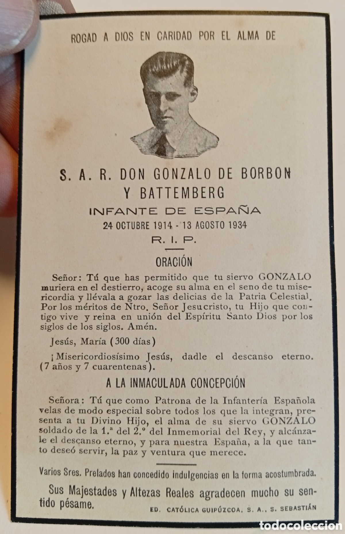 Otros Art&iacute;culos de Coleccionismo en Papel: S.A.R. Don Gonzalo de Borb&oacute;n y Battenberg esquela a&ntilde;o 1934 infante de Espa&ntilde;a
