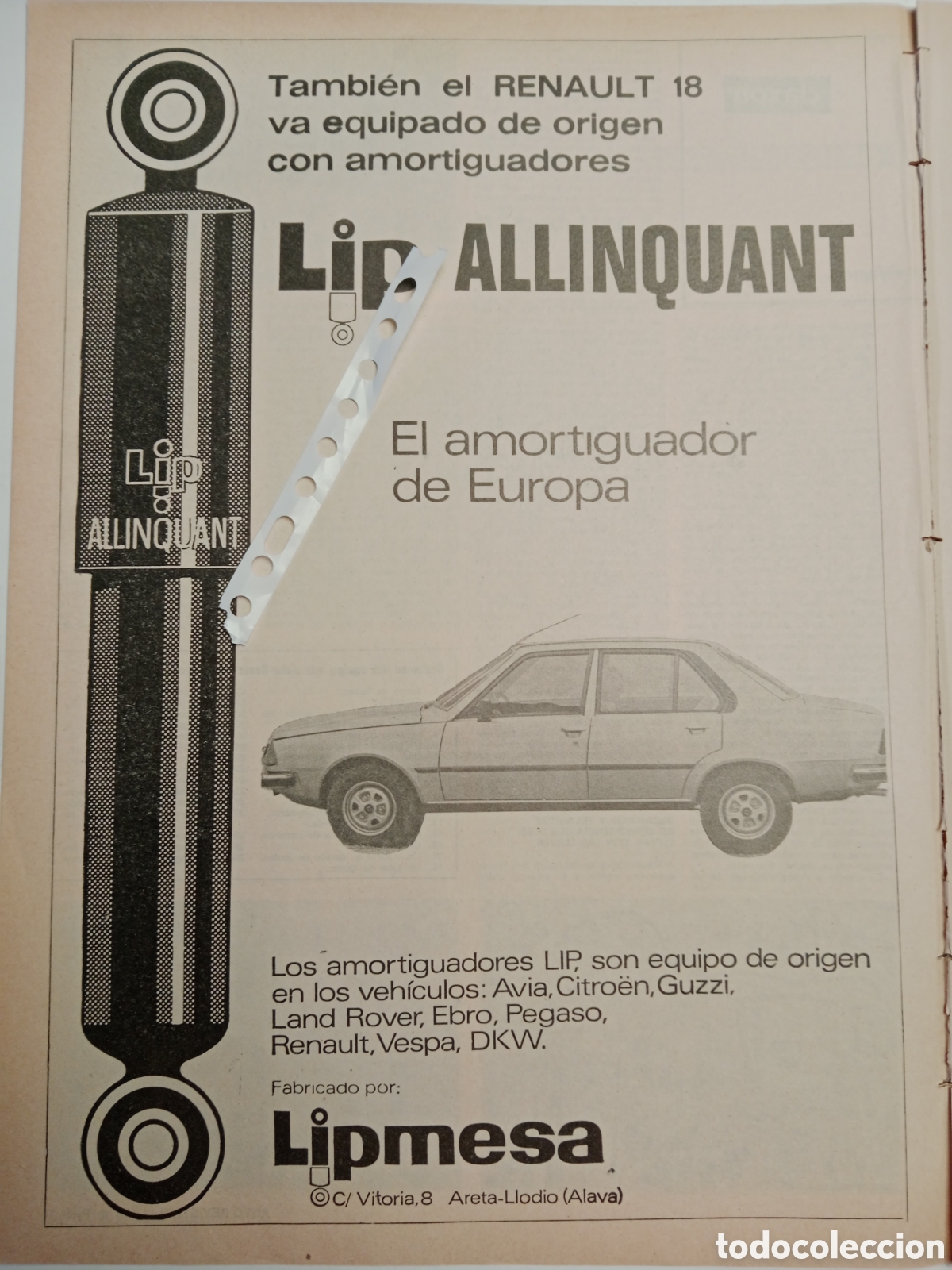 Otros Art&iacute;culos de Coleccionismo en Papel: Publicidad amortiguadores Lip allinquant autom&oacute;vil Renault 18 de 1978