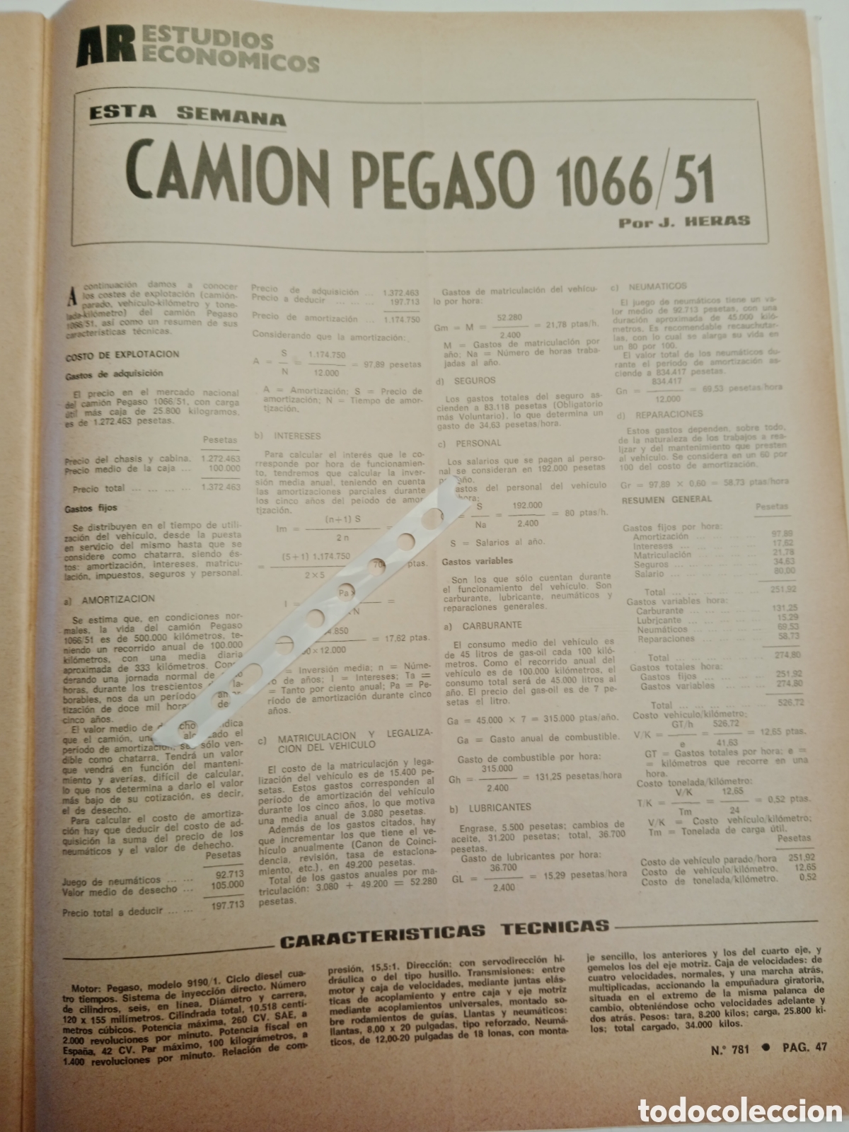 Otros Art&iacute;culos de Coleccionismo en Papel: Reportaje estudio econ&oacute;mico cami&oacute;n Pegaso 1066 / 51 de 1972