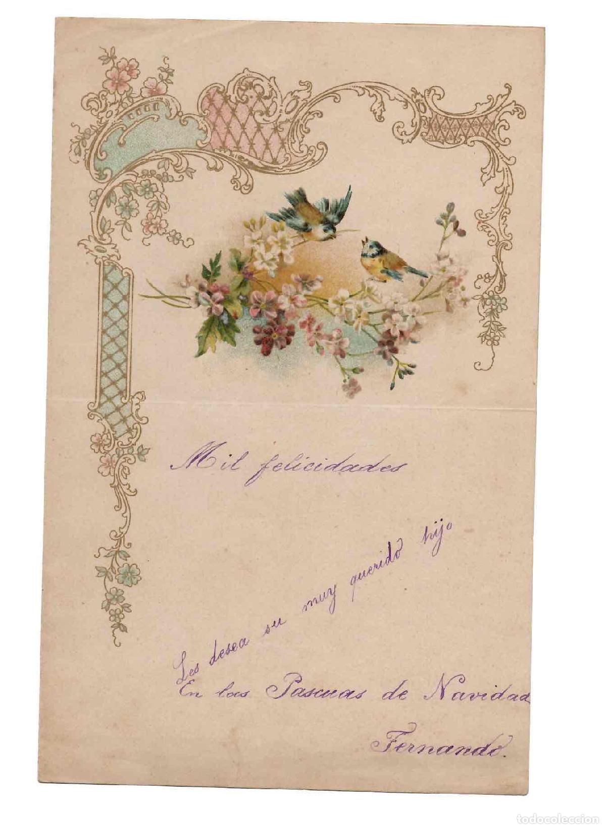 Otros Art&iacute;culos de Coleccionismo en Papel: FELICITACION CON ESCENA FLORAL CON PAJAROS EN CABECERA. C.1930