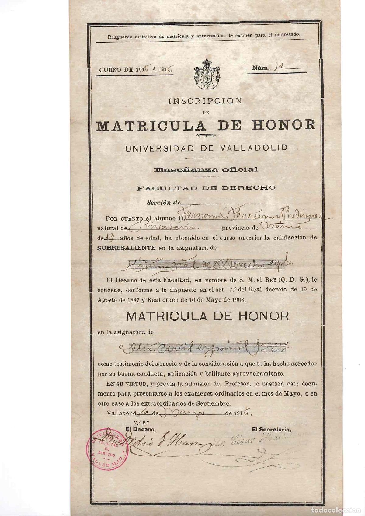 Otros Art&iacute;culos de Coleccionismo en Papel: MATRICULA DE HONOR UNIVERSIDAD DE VALLADOLID. ASIGNATURA DE DERECHO CIVIL ESPA&Ntilde;OL, 1916