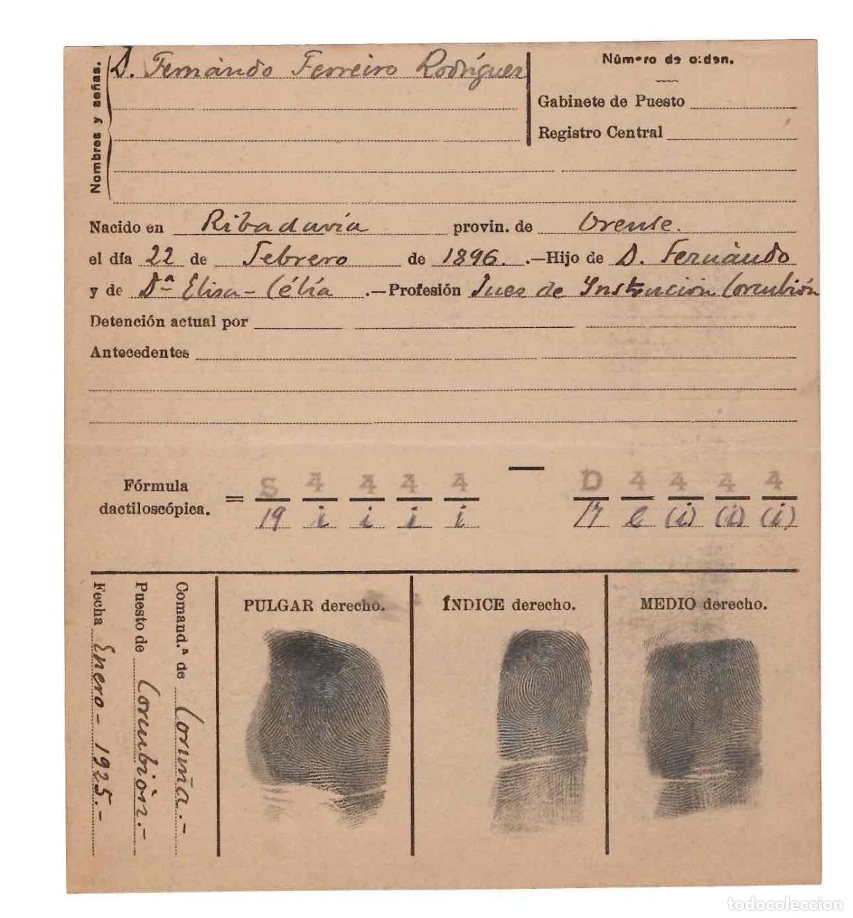 Otros Art&iacute;culos de Coleccionismo en Papel: FICHA TOMA HUELLAS DIGITALES. VECINO DE RIBADAVIA, ORENSE. A&Ntilde;O 1925