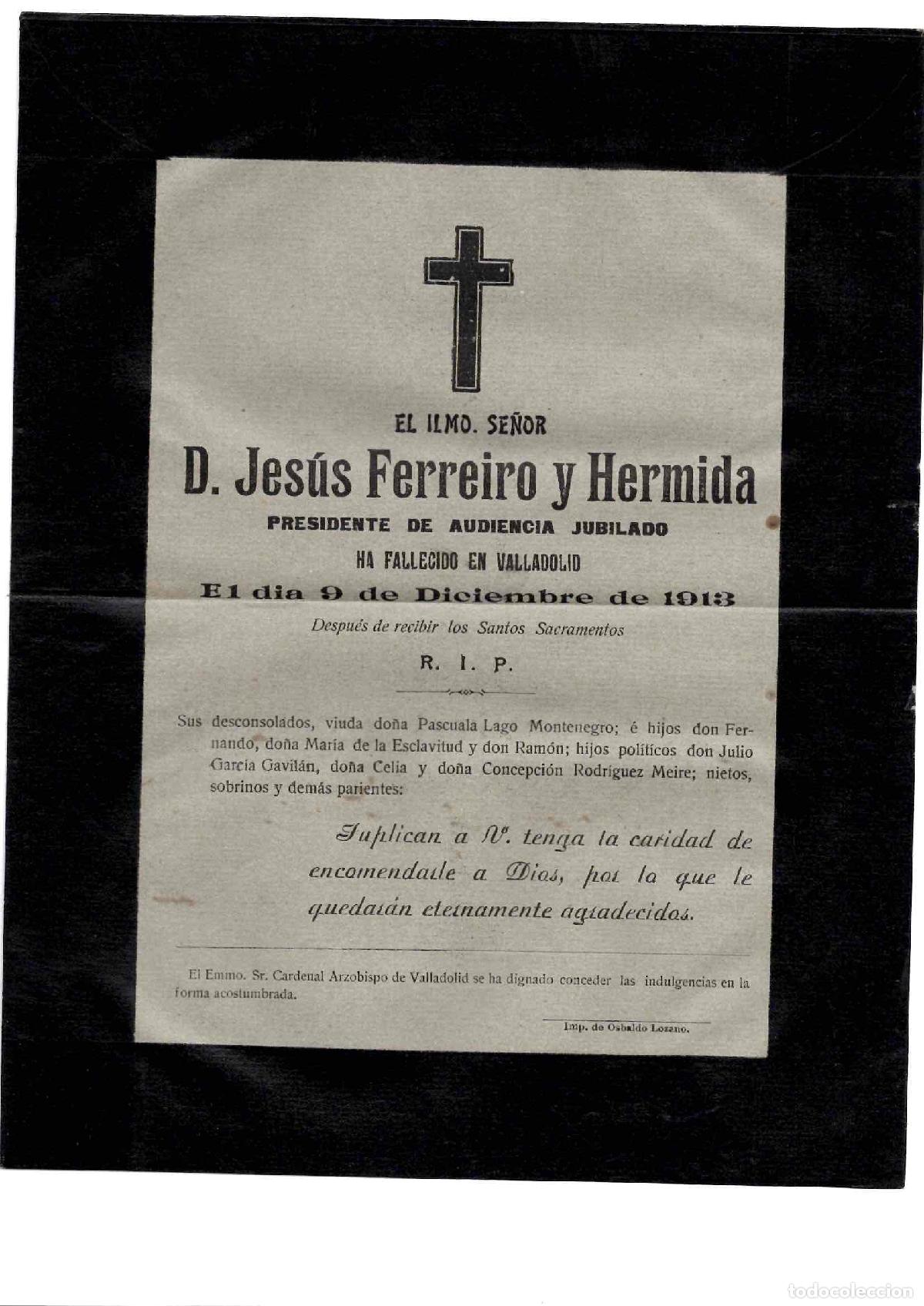 Otros Art&iacute;culos de Coleccionismo en Papel: SOBRE ESQUELA DEFUNCION JESUS FERREIRO, PRESIDENTE DE AUDIENCIA. VALLADOLID, 1913