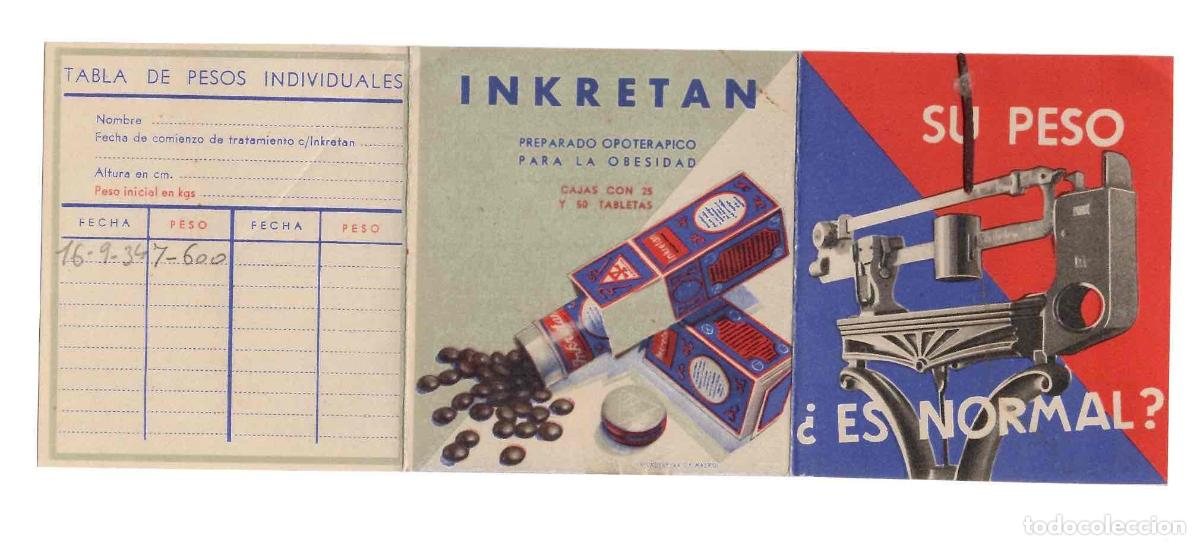 Otros Art&iacute;culos de Coleccionismo en Papel: TABLA DE PESO PUBLICIDAD INKRETAN PREPARADO PARA LA OBESIDAD. A&Ntilde;O 1934