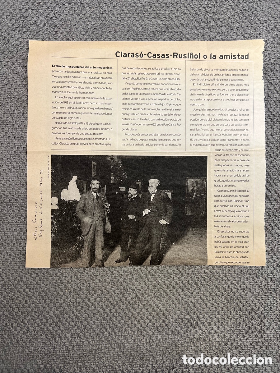 Otros Art&iacute;culos de Coleccionismo en Papel: El tr&iacute;o de mosqueteros del arte modernista.. Claras&oacute;-Casas-Rusi&ntilde;ol o la amistad. Recorte prensa