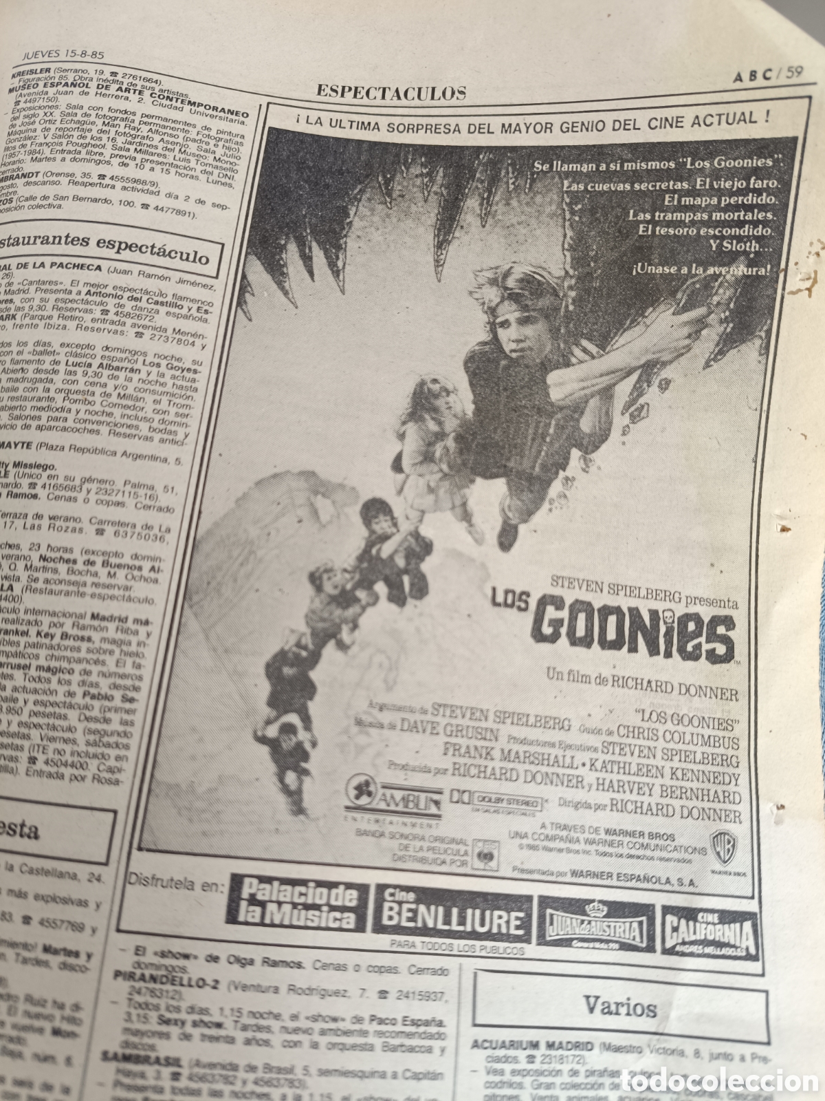 Otros Art&iacute;culos de Coleccionismo en Papel: Anuncio cine Los Goonies ABC 15-8-85