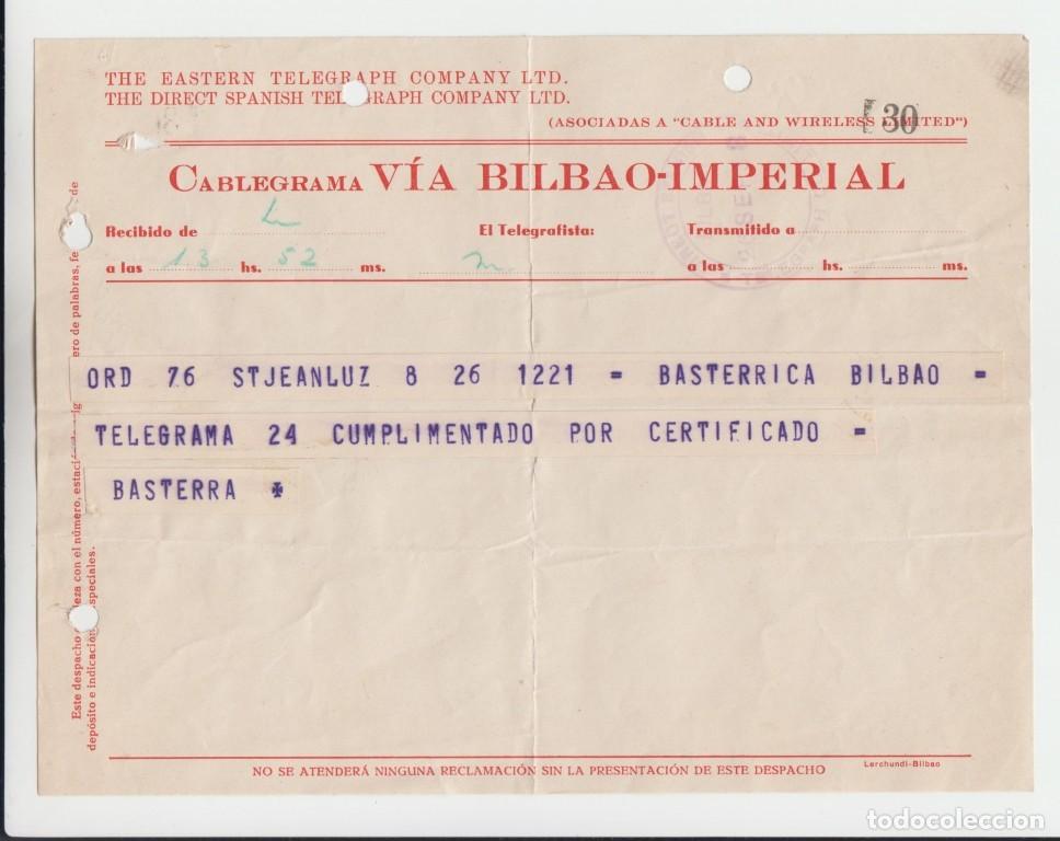 Otros Art&iacute;culos de Coleccionismo en Papel: Cablegrama VIA BILBAO &ndash; IMPERIAR 1938