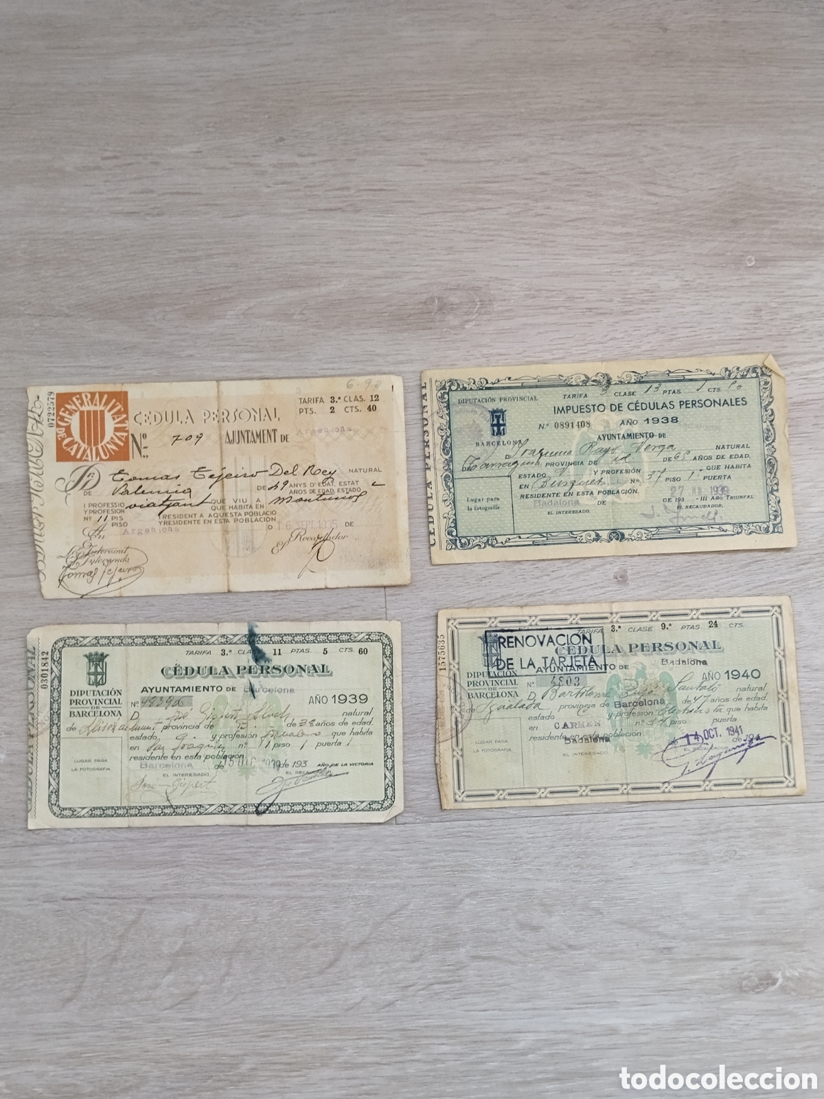 Otros Art&iacute;culos de Coleccionismo en Papel: 4 C&eacute;dulas personas guerra civil Catalunya. Barcelona.republicano.generslitat.documento identidad.sal