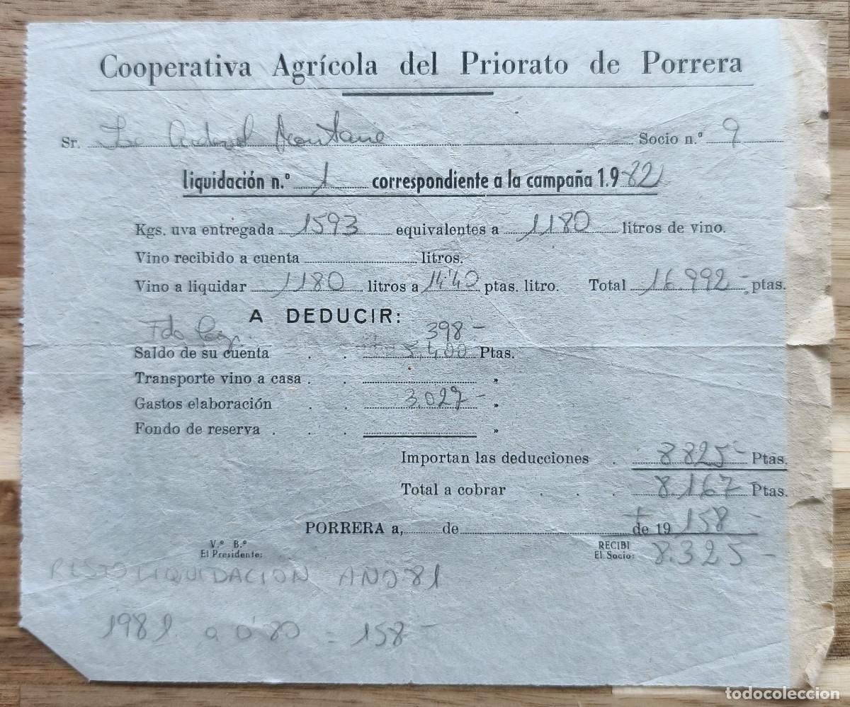 Otros Art&iacute;culos de Coleccionismo en Papel: Cooperativa Agricola del Priorato de Porrera - Liquidaci&oacute;n Campa&ntilde;a 1982