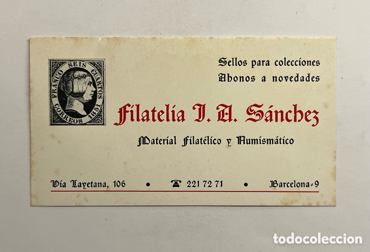 Otros Art&iacute;culos de Coleccionismo en Papel: BARCELONA. Tarjeta comercial Material filat&eacute;lico y numism&aacute;tico. Filatelia J.A. Sanchez