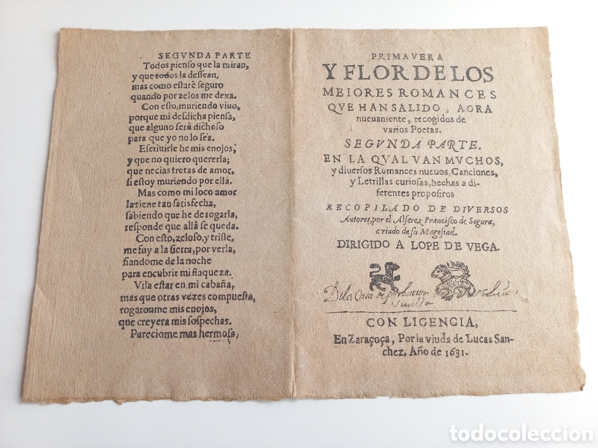 Otros Art&iacute;culos de Coleccionismo en Papel: Portada pliego primavera y flor de los mejores romances... 1631.