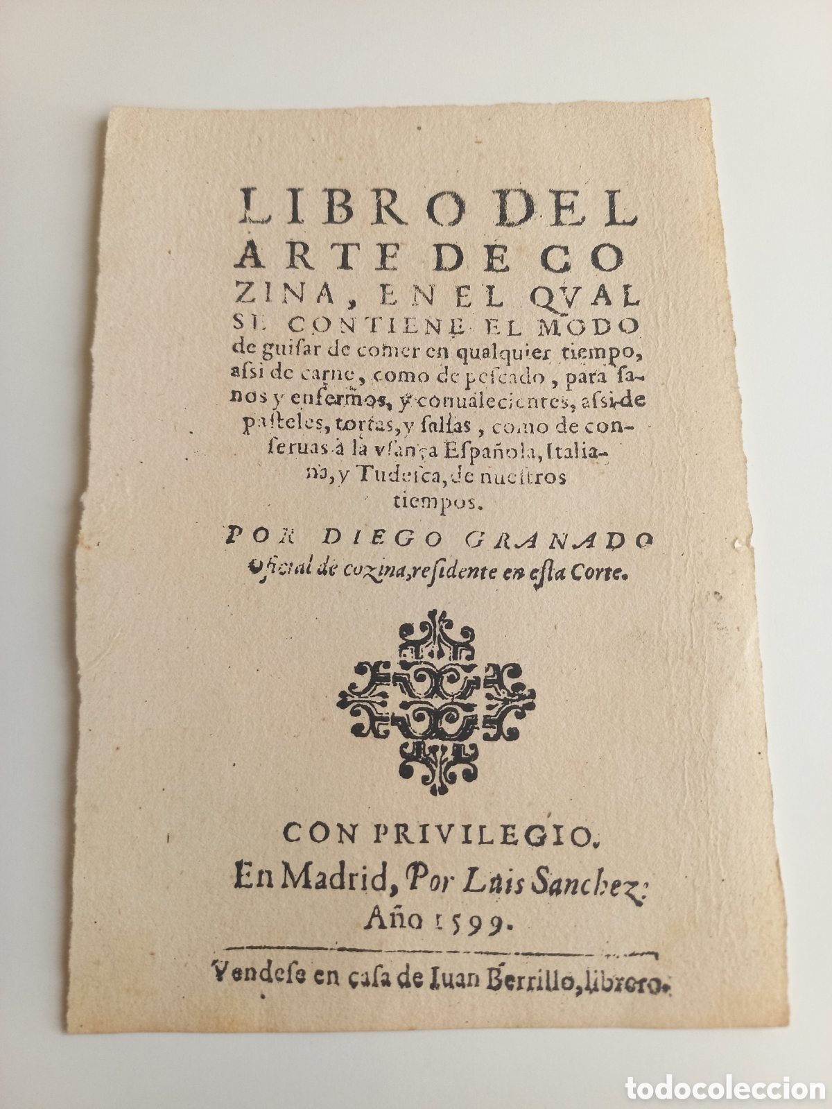 Otros Art&iacute;culos de Coleccionismo en Papel: Portada Libro del Arte de Cozina 1599.
