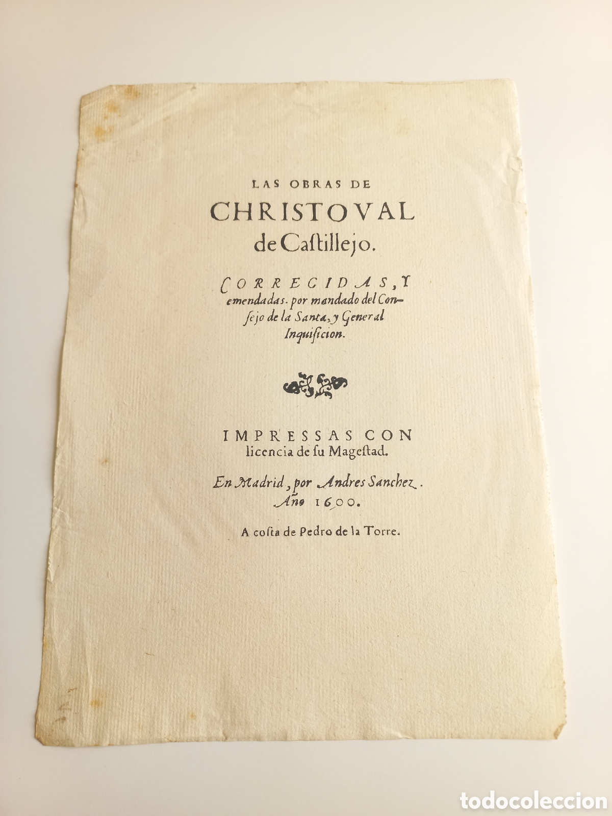 Otros Art&iacute;culos de Coleccionismo en Papel: Portada Las Obras de Christoval de Castillejo. Andr&eacute;s S&aacute;nchez; Pedro de la Torre, 1600.