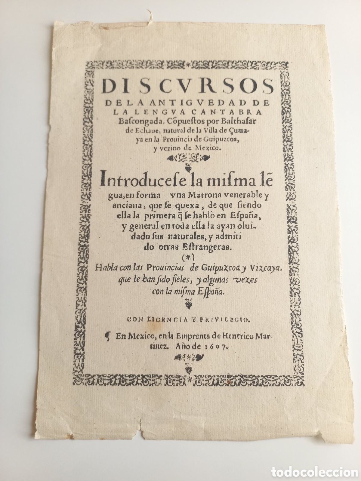 Otros Art&iacute;culos de Coleccionismo en Papel: Portada Discursos de la Antig&uuml;edad de la Lemgua Cantabra, Bascongada... 1607.