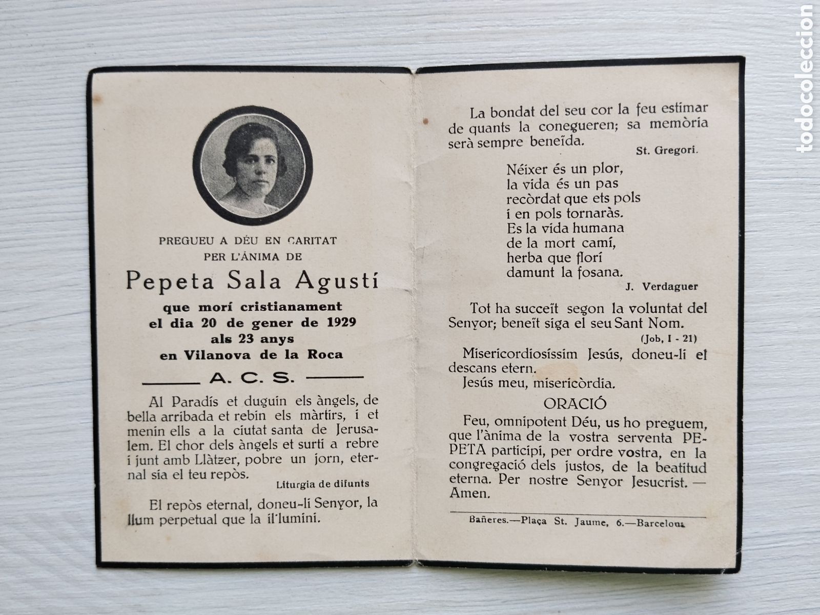 Otros Art&iacute;culos de Coleccionismo en Papel: Esquela a&ntilde;os 20 Vilanova de la roca.la roca del valles.pepeta sala.granollers.valles oriental.barcel