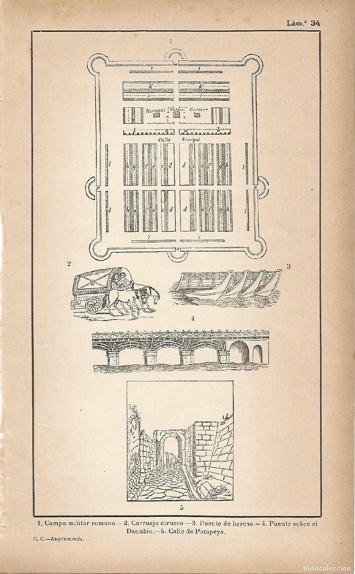 Otros art&iacute;culos de coleccionismo en papel: Lamina 034: Campo militar romano - Carruaje etrusco - Puentes - Calle de Pompeya - C&eacute;sar Cant&uacute;