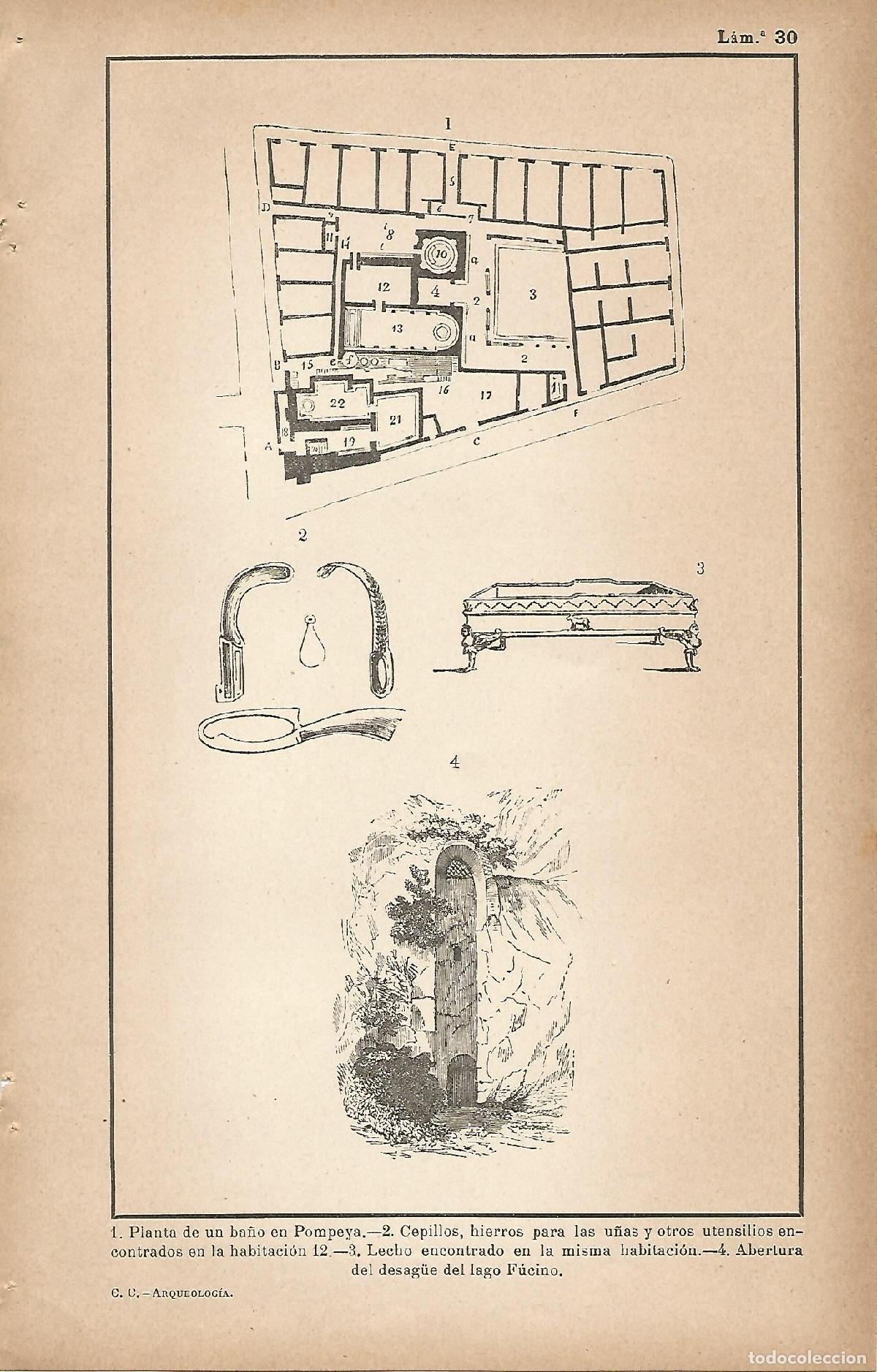 Otros art&iacute;culos de coleccionismo en papel: Lamina 030: Planta de un ba&ntilde;o de Pompeya - Utensilios higienicos romanos - C&eacute;sar Cant&uacute;