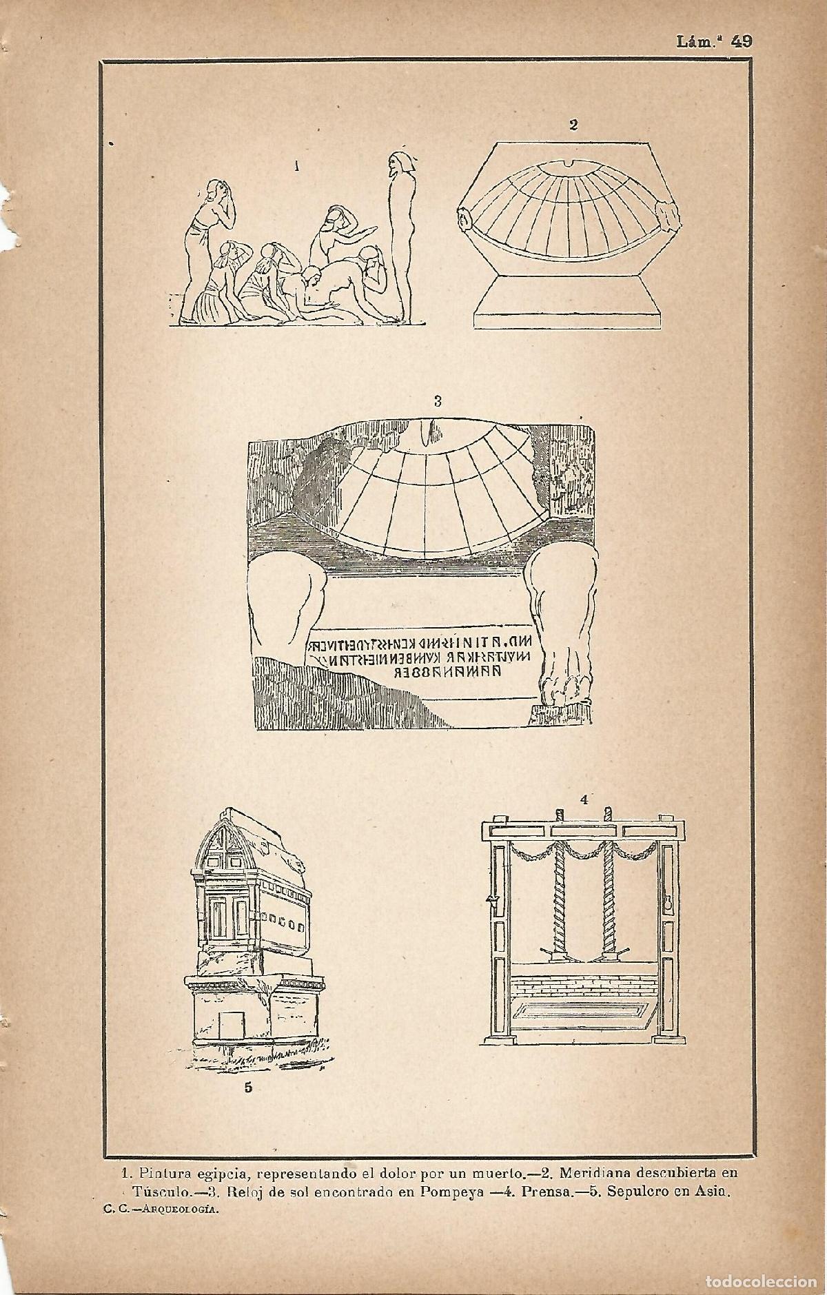 Otros art&iacute;culos de coleccionismo en papel: Lamina 049: Pintura egipcia - Meridiana de Tusculo - Reloj de sol de Pompeya - Sepulcro de Asia - C&eacute;