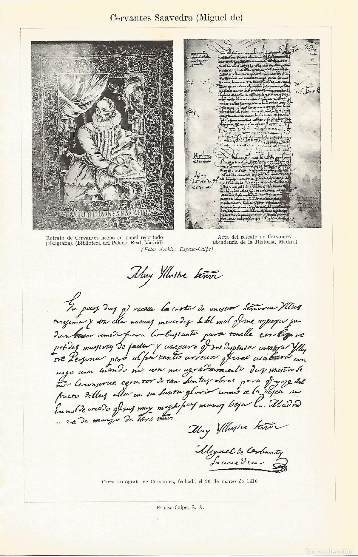 Otros art&iacute;culos de coleccionismo en papel: Lamina 097: Cervantes. Retrato acta de rescate y carta manuscrita - Varios