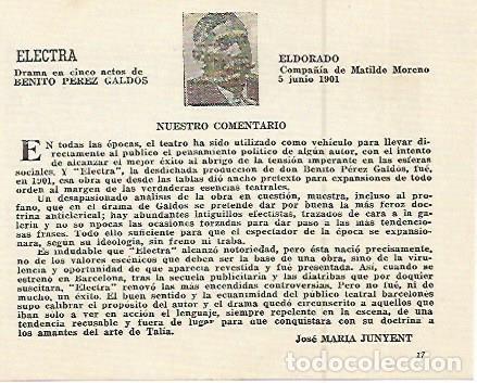 Otros art&iacute;culos de coleccionismo en papel: LAMINA 2508: Electra de Benito Perez Galdos. El Dorado 5 junio 1901 - Jose Maria Junyent (director)
