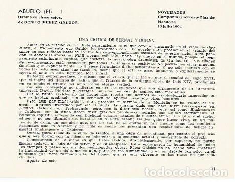 Otros art&iacute;culos de coleccionismo en papel: LAMINA 2801: Critica de Bernat y Duran sobre El Abuelo de Benito Perez Galdos. 10 julio 1904 - Jose
