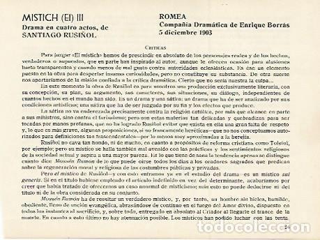 Otros art&iacute;culos de coleccionismo en papel: LAMINA 2948: Criticas de El Mistich de Santiago Rusi&ntilde;ol. Romea 5 diciembre 1903 - Jose Maria Junyent
