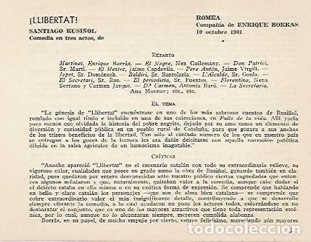 Otros art&iacute;culos de coleccionismo en papel: LAMINA 2595: Reparto argumento y criticas de Llibertat de Santiago Rusi&ntilde;ol. Romea 10 octubre 1901 -