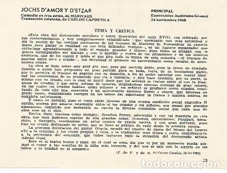 Sammelleidenschaft Andere Papierartikel: LAMINA 2709: Argumento y critica de Jocs d amor y d etzar. Principal 24 noviembre 1905 - Jose Maria
