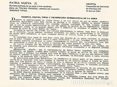 Otros art&iacute;culos de coleccionismo en papel: LAMINA 2825: Reparto y criticas de Els Punxa-Sarries obra de Santiago Rusi&ntilde;ol. Romea 26 febrero 1904