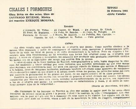 Otros art&iacute;culos de coleccionismo en papel: LAMINA 3014: Reparto y critica de Cigales i Formigues de Santiago Rusi&ntilde;ol. Tivoli 20 febrero 1901 -