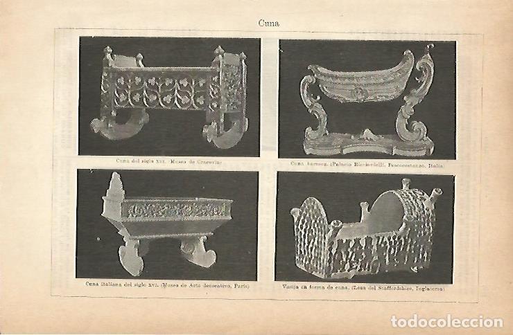 Otros art&iacute;culos de coleccionismo en papel: LAMINA ESPASA 14364: Cuna del siglo XVI barroca italiana y vasija en forma de cuna - Varios