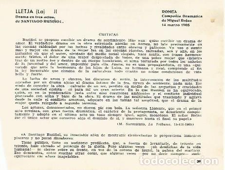 Otros art&iacute;culos de coleccionismo en papel: LAMINA 2748: Criticas de La Lletja obra de Santiago Rusi&ntilde;ol. Romea 14 marzo 1905 - Jose Maria Junyen