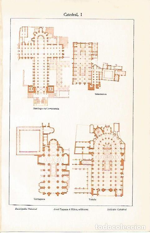 Otros art&iacute;culos de coleccionismo en papel: LAMINA ESPASA 3003: Plantas de la catedral de Tarragona Santiago de Compostela Toledo y Salamanca -