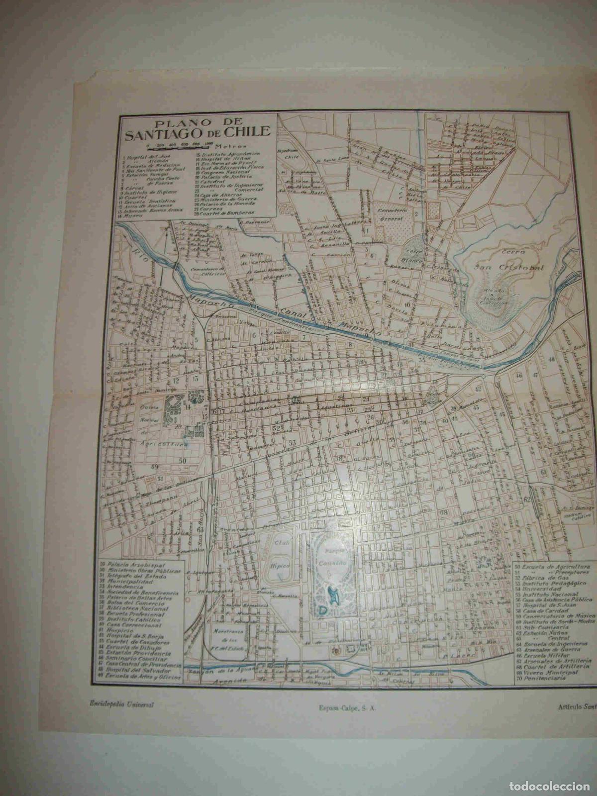 Otros art&iacute;culos de coleccionismo en papel: LAMINA ESPASA 19460: Plano de Santiago de Chile - Varios