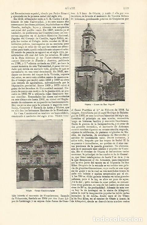 Otros art&iacute;culos de coleccionismo en papel: LAMINA ESPASA 21413: Ayuntamiento y Torre de San Miguel en O&ntilde;ate Guipuzcoa - Varios