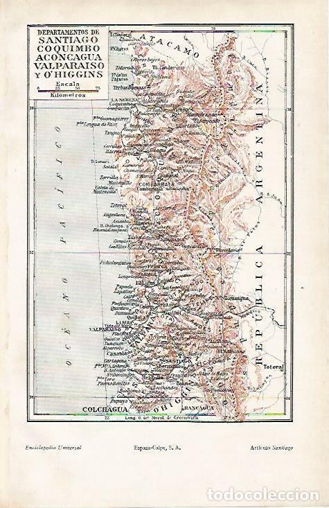 Otros art&iacute;culos de coleccionismo en papel: LAMINA ESPASA 19457: Mapa de Santiago Coquimbo Aconcagua Valpariso y O Higgins - Varios