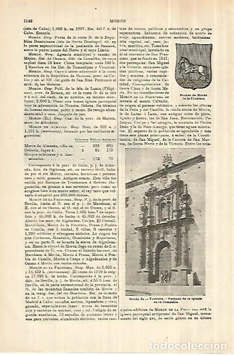 Altri oggetti di carta: LAMINA ESPASA 28113: Escudo e iglesia de Moron de la Frontera Sevilla - Varios