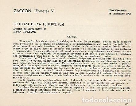 Otros art&iacute;culos de coleccionismo en papel: LAMINA 2608: Critica de La Potenza della Tenebre de Leon Tolstoi. Novedades 18 diciembre 1901 - Jose