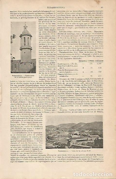 Altri oggetti di carta: LAMINA ESPASA 7831: Colonia Sedo y Campanario de la iglesia de Esparraguera Barcelona - Varios