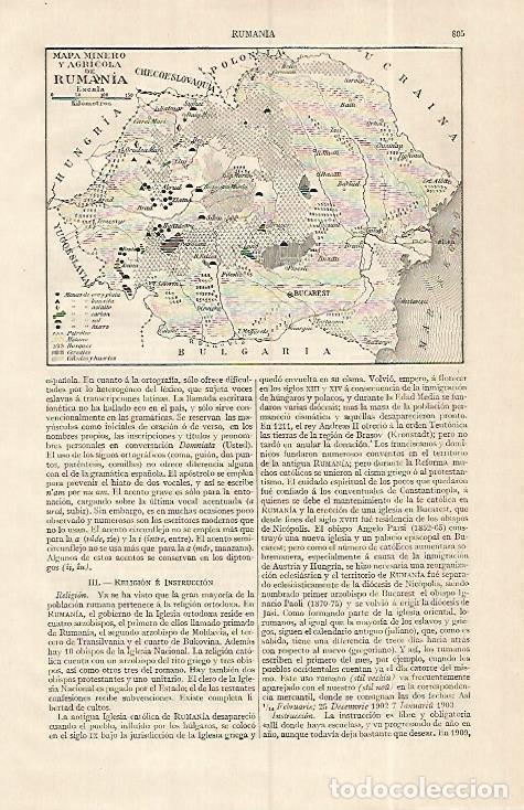Otros art&iacute;culos de coleccionismo en papel: LAMINA ESPASA 19349: Mapa minero y agricola de Rumania - Varios