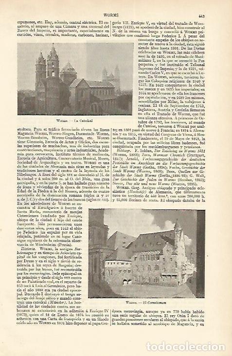 Otros art&iacute;culos de coleccionismo en papel: LAMINA ESPASA Alemania 1596: Vistas de Worms Alemania - Varios Autores