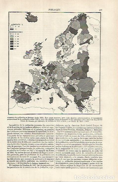 Otros art&iacute;culos de coleccionismo en papel: LAMINA ESPASA 26128: Mapa de la poblacion de Europa 1920-1930 - Varios