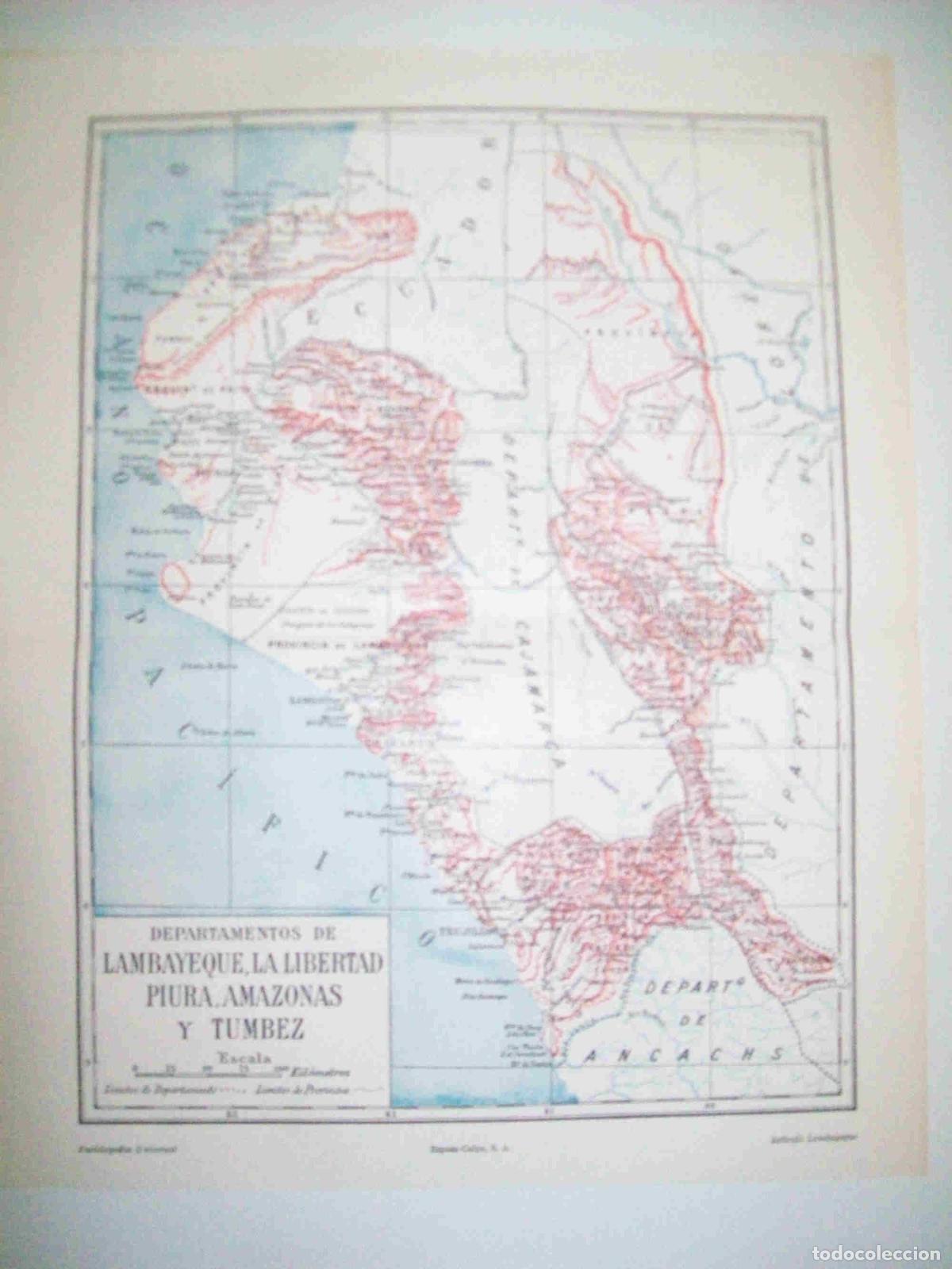 Otros art&iacute;culos de coleccionismo en papel: LAMINA ESPASA 26345: Mapa de Lambayeque Piura La Libertad Amazonas y Tumbez en Peru - Varios
