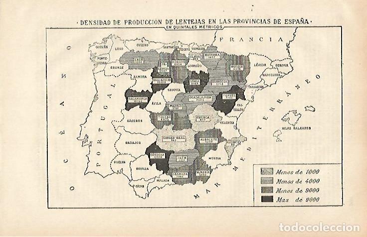 Otros art&iacute;culos de coleccionismo en papel: LAMINA ESPASA 26533: Mapa de Espa&ntilde;a de la densidad de produccion de lentejas - Varios
