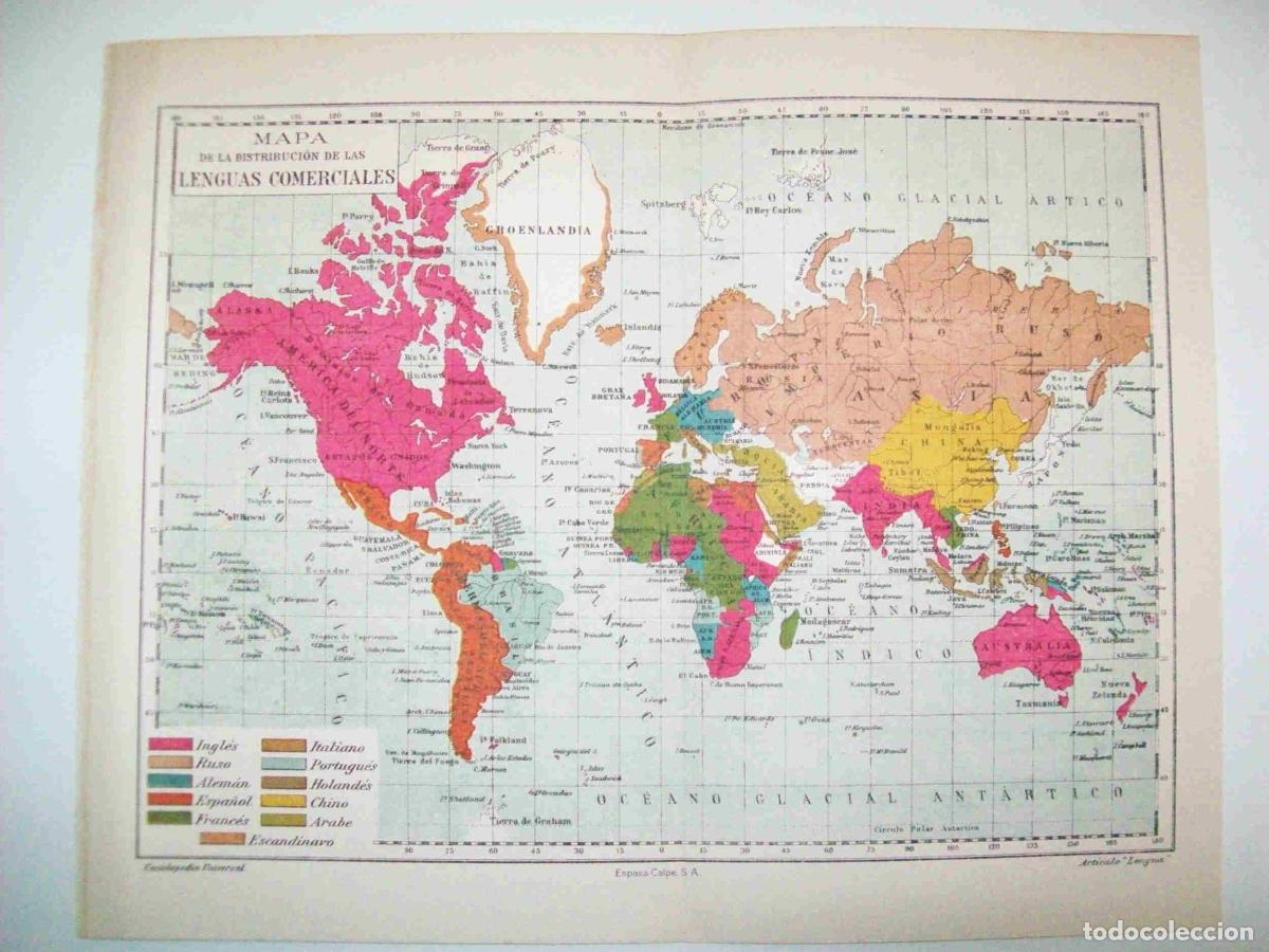 Otros art&iacute;culos de coleccionismo en papel: LAMINA ESPASA 26530: Mapa de la distribucion de las lenguas comerciales - Varios