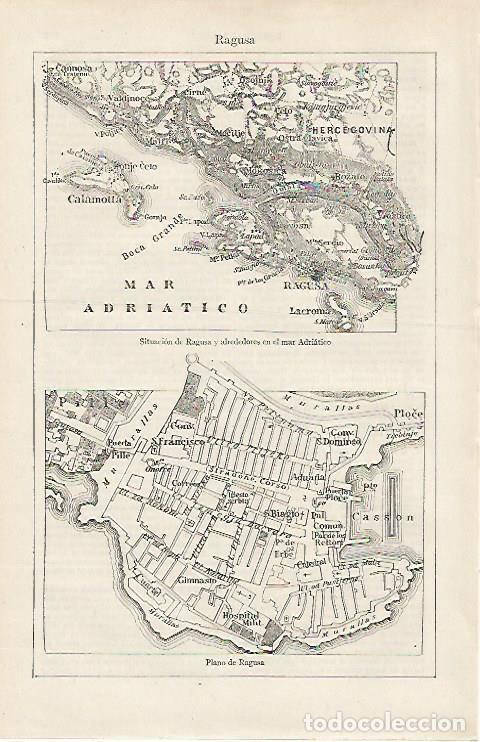 Otros art&iacute;culos de coleccionismo en papel: LAMINA ESPASA 15912: Mapa y plano de Ragusa - Varios