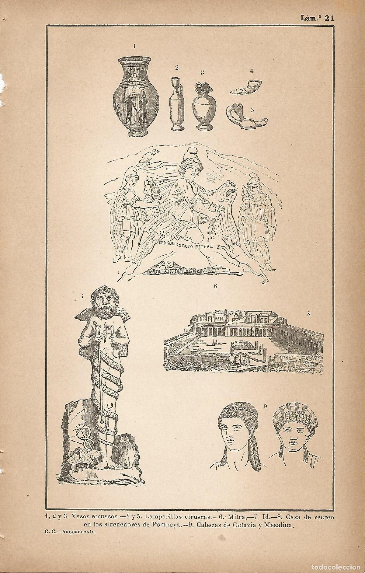 Otros art&iacute;culos de coleccionismo en papel: Lamina 021: Vasos etruscos - Casa de recreo Pompeya - Cabezas Octavia y Mesalina - C&eacute;sar Cant&uacute;