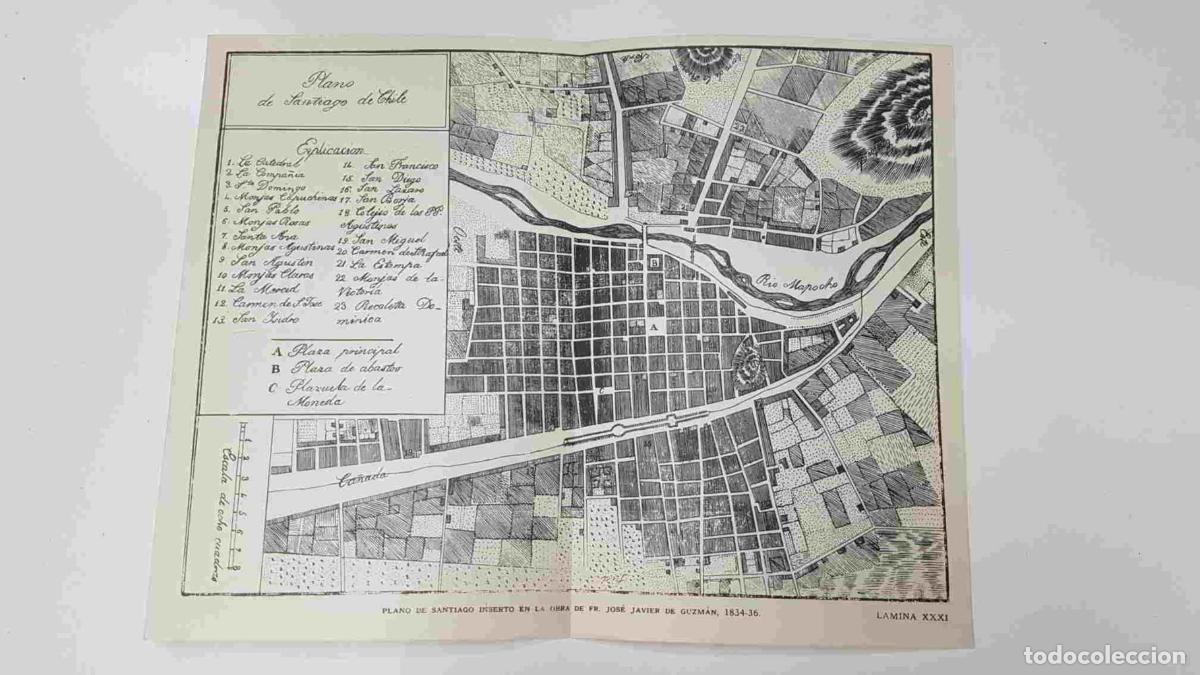 Otros art&iacute;culos de coleccionismo en papel: Lamina de Chile (num C12): Plano de Santiago de Chile inserto en la obra de Fr. Jose de Guzman 1834-