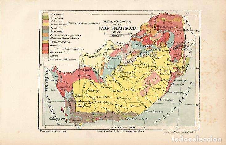 Otros art&iacute;culos de coleccionismo en papel: LAMINA ESPASA 12134: Mapa geologico de la Union Sudafricana - Varios